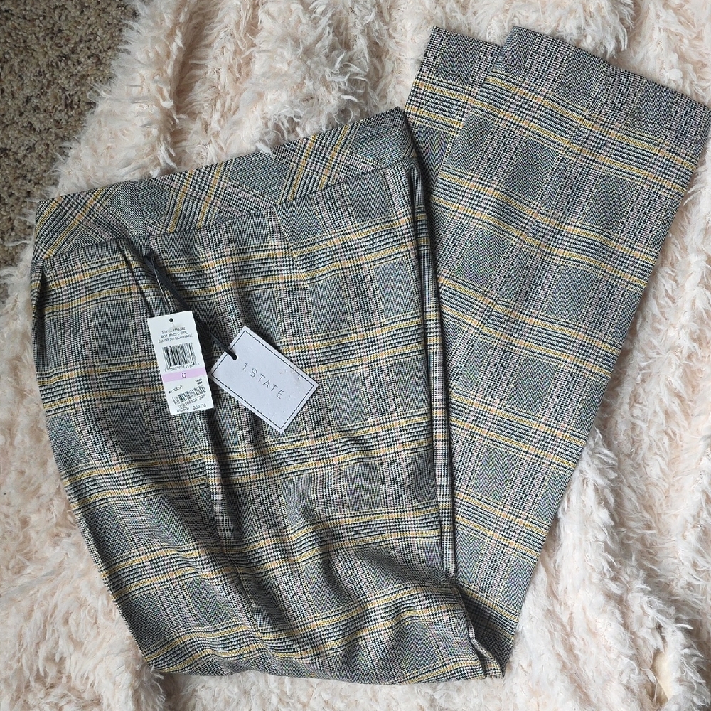 1. State Women's Glen Plaid Dress Pants in Gray with Yellow Windowpane